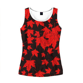 Женская майка 3D с принтом осенние листья в Курске, 100% полиэстер | круглая горловина, прямой силуэт, длина до линии бедра | клён | кленовые | красный | красный на черном | листва | листопад | листья | листья падают | осенние | осень | черный
