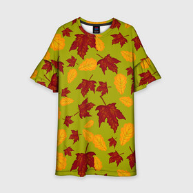 Детское платье 3D с принтом осенние листья клён и дуб в Курске, 100% полиэстер | прямой силуэт, чуть расширенный к низу. Круглая горловина, на рукавах — воланы | Тематика изображения на принте: дуб | клён | кленовые | красный | красный на черном | листва | листопад | листья | листья падают | осенние | осень | черный