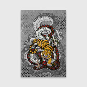 Обложка для паспорта матовая кожа с принтом Змея и Тигр|Tiger Snake Fight  в Курске, натуральная матовая кожа | размер 19,3 х 13,7 см; прозрачные пластиковые крепления | Тематика изображения на принте: beast | борьба | животные | зверь | змея | когти | кошки | огонь | тигр | узор | чб | японский
