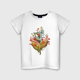 Детская футболка хлопок с принтом Железная фея в Курске, 100% хлопок | круглый вырез горловины, полуприлегающий силуэт, длина до линии бедер | арт | киборг | красные цветы | красный цветок | мак | маки | планета | природа | рисунок | робот | цветок | цветы