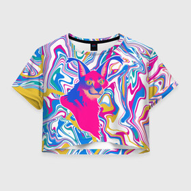 Женская футболка Crop-top 3D с принтом Floppa Art в Курске, 100% полиэстер | круглая горловина, длина футболки до линии талии, рукава с отворотами | flopa | floppa | каракал | кот мем | мем с котом | русский кот | шлёпа