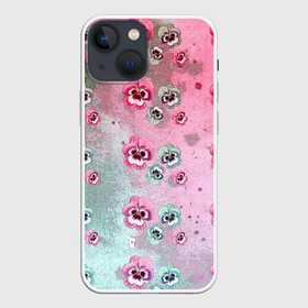 Чехол для iPhone 13 mini с принтом Акварельный камуфляж с цветами в Курске,  |  | акварель | акварельный | анютины глазки | градиент | женственный | камуфляж | разводы | разноцветный | фиалки | цветочки | цветочный | цветы