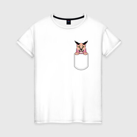 Женская футболка хлопок с принтом Шлёпа в кармане в Курске, 100% хлопок | прямой крой, круглый вырез горловины, длина до линии бедер, слегка спущенное плечо | flopa | floppa | каракал | кот мем | мем с котом | русский кот | шлёпа