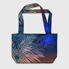 Пляжная сумка 3D с принтом Тропическая ночь в Курске, 100% полиэстер | застегивается на металлическую кнопку; внутренний карман застегивается на молнию. Стенки укреплены специальным мягким материалом, чтобы защитить содержимое от несильных ударов
 | вечер | коричневый | коричневый и синий | листья | луна | ночь | отдых | пальмы | природа | путешествие | синий