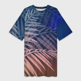 Платье-футболка 3D с принтом Тропическая ночь в Курске,  |  | вечер | коричневый | коричневый и синий | листья | луна | ночь | отдых | пальмы | природа | путешествие | синий