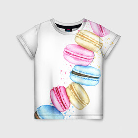 Детская футболка 3D с принтом Macarons. Нежный десерт в Курске, 100% гипоаллергенный полиэфир | прямой крой, круглый вырез горловины, длина до линии бедер, чуть спущенное плечо, ткань немного тянется | акварель | акварельные | десерт | десерты | макаронс | макаруны | пирожное | пирожные | разноцветные | сладости
