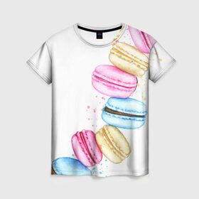 Женская футболка 3D с принтом Macarons. Нежный десерт в Курске, 100% полиэфир ( синтетическое хлопкоподобное полотно) | прямой крой, круглый вырез горловины, длина до линии бедер | акварель | акварельные | десерт | десерты | макаронс | макаруны | пирожное | пирожные | разноцветные | сладости