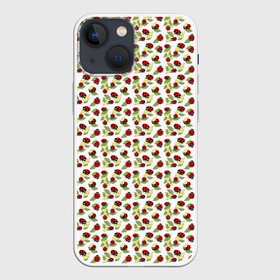 Чехол для iPhone 13 mini с принтом Божьи коровки на белом фоне в Курске,  |  | autumn | beetles | childrens | green | hide and seek | insects | ladybugs | leaves | play | print | red | summer | watch | yellow | божьи коровки | детский | желтые | жуки | зеленые | играют | красные | лето | листья | насекомые | осень | принт | прятки |