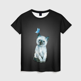 Женская футболка 3D с принтом Тайский котенок с бабочкой в Курске, 100% полиэфир ( синтетическое хлопкоподобное полотно) | прямой крой, круглый вырез горловины, длина до линии бедер | акварель | бабочка | кот | котенок | котик | кошечка | кошка | смешной | тайский | темный