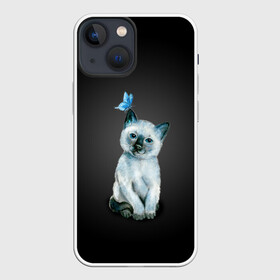 Чехол для iPhone 13 mini с принтом Тайский котенок с бабочкой в Курске,  |  | акварель | бабочка | кот | котенок | котик | кошечка | кошка | смешной | тайский | темный