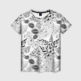 Женская футболка 3D с принтом Черно-белый узор Тропики в Курске, 100% полиэфир ( синтетическое хлопкоподобное полотно) | прямой крой, круглый вырез горловины, длина до линии бедер | абстрактный | листья | модный | популярный | рисунок | скетч | тропический узор | цветы | черный и белый | экзотические растения