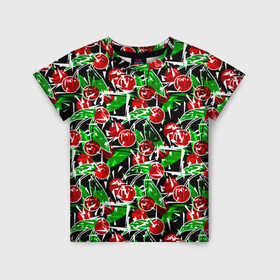 Детская футболка 3D с принтом Абстрактный узор спелая вишня в Курске, 100% гипоаллергенный полиэфир | прямой крой, круглый вырез горловины, длина до линии бедер, чуть спущенное плечо, ткань немного тянется | вишня | детский | зеленый | красная вишня | красный | летний узор | лето | ягодный принт | ягоды