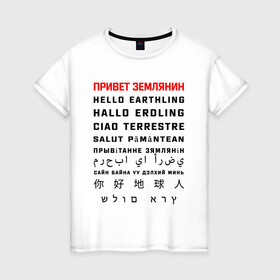 Женская футболка хлопок с принтом Привет землянин в Курске, 100% хлопок | прямой крой, круглый вырез горловины, длина до линии бедер, слегка спущенное плечо | приветствие | прикол | текст | юмор | языки