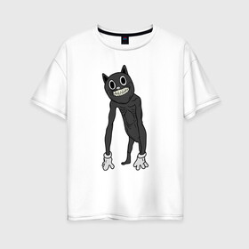 Женская футболка хлопок Oversize с принтом Cartoon Cat / Мультяшный кот в Курске, 100% хлопок | свободный крой, круглый ворот, спущенный рукав, длина до линии бедер
 | angry cat | cartoon cat | cat | crazy | horror | kitty | monster | siren head | sirenhead | безумный | злой кот | картун кет | картун кэт | котик | кошак | монстр | мультяшный кот | сирен хеад | сиреноголовый | улыбка | хоррор