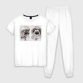 Женская пижама хлопок с принтом Собаки - космонавты в Курске, 100% хлопок | брюки и футболка прямого кроя, без карманов, на брюках мягкая резинка на поясе и по низу штанин | в тренде. | космос | собаки | собаки на белом фоне | ссср