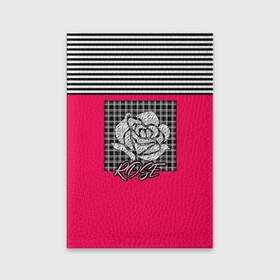 Обложка для паспорта матовая кожа с принтом Аппликация роза на клетчатом в Курске, натуральная матовая кожа | размер 19,3 х 13,7 см; прозрачные пластиковые крепления | Тематика изображения на принте: аппликация | детский | комбинированный | полосатый | пэчворк | роза | розовый | цветочный узор | черный и малиновый | яркий малиновый