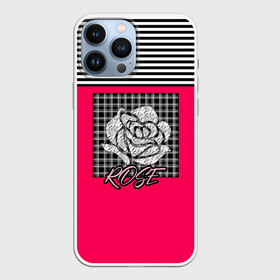 Чехол для iPhone 13 Pro Max с принтом Аппликация роза на клетчатом в Курске,  |  | аппликация | детский | комбинированный | полосатый | пэчворк | роза | розовый | цветочный узор | черный и малиновый | яркий малиновый