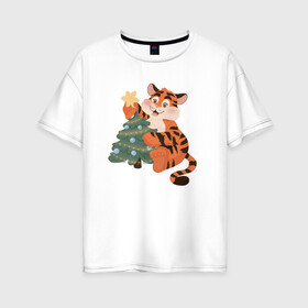 Женская футболка хлопок Oversize с принтом Символ года 2022. Тигренок  в Курске, 100% хлопок | свободный крой, круглый ворот, спущенный рукав, длина до линии бедер
 | 2020 | для детей | новый год | символ года | тигр | тигренок
