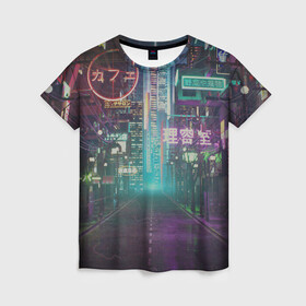 Женская футболка 3D с принтом Neon Tokyo в Курске, 100% полиэфир ( синтетическое хлопкоподобное полотно) | прямой крой, круглый вырез горловины, длина до линии бедер | anime | cyber | cyberpunk | japan | japanese | neon | retro | retro wave | road | street | tokyo | wave | аниме | дорога | иероглифы | кибер | киберпанк | неон | неоновый | ночной токио | ночь | ретро | свет | токио | улица | уличный | эстетика