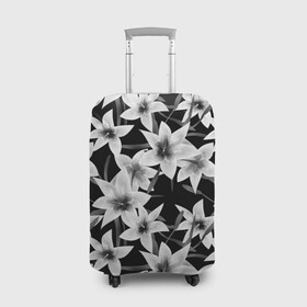 Чехол для чемодана 3D с принтом Лилии черно-белые  в Курске, 86% полиэфир, 14% спандекс | двустороннее нанесение принта, прорези для ручек и колес | белые лилии | лето | лилии | монохромный | современный | цветочный | цветы | черный и белый
