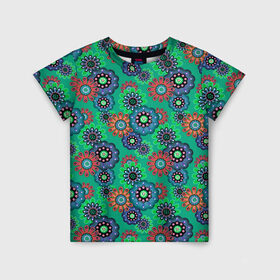 Детская футболка 3D с принтом Ретро цветочный узор  в Курске, 100% гипоаллергенный полиэфир | прямой крой, круглый вырез горловины, длина до линии бедер, чуть спущенное плечо, ткань немного тянется | абстрактные цветы | детский | женский | зеленый | разноцветный | ретро | цветочный | цветы