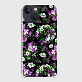 Чехол для iPhone 13 mini с принтом Птички в вечернем саду в Курске,  |  | акварель | акварельный | вечер | вечерний | ежевика | ежевичка | звездочки | звезды | птицы | птички | темный | цветочный | цветы | ягодки | ягоды