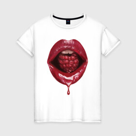 Женская футболка хлопок с принтом Губы с малиной в Курске, 100% хлопок | прямой крой, круглый вырез горловины, длина до линии бедер, слегка спущенное плечо | lips | mouth | raspberries | губы | малина | рот