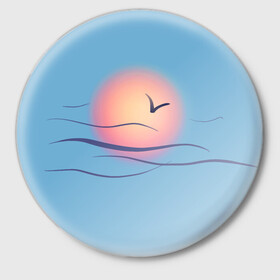 Значок с принтом Солнечный шар в Курске,  металл | круглая форма, металлическая застежка в виде булавки | sea | sun | закат | море | небо | птицы | солнце | чайки