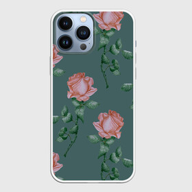 Чехол для iPhone 13 Pro Max с принтом Красные розы на зеленом фоне в Курске,  |  | 8 марта | flowers | march 8 | spring | ботаническая иллюстрация | весна | день рождения | зеленый | красный | лето | любовь | праздник | принт | природа | растения | роза | цветы