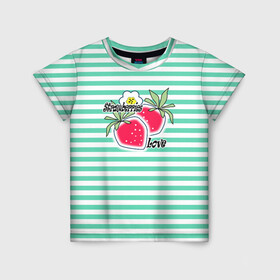 Детская футболка 3D с принтом Цветы и ягоды земляники  в Курске, 100% гипоаллергенный полиэфир | прямой крой, круглый вырез горловины, длина до линии бедер, чуть спущенное плечо, ткань немного тянется | детский | зеленый | земляника | красный | малышам | полосатый | современный | цветы | ягодный паттерн | ягоды