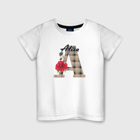 Детская футболка хлопок с принтом Алфавит. Имена. Алиса  в Курске, 100% хлопок | круглый вырез горловины, полуприлегающий силуэт, длина до линии бедер | алфавит | буква а | детский | для девочки | женский | монограмма | цветок