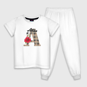 Детская пижама хлопок с принтом Алфавит. Имена. Алиса  в Курске, 100% хлопок |  брюки и футболка прямого кроя, без карманов, на брюках мягкая резинка на поясе и по низу штанин
 | алфавит | буква а | детский | для девочки | женский | монограмма | цветок