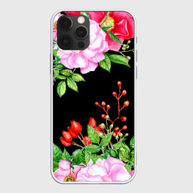 Чехол для iPhone 12 Pro Max с принтом Цветущий шиповник на черном в Курске, Силикон |  | Тематика изображения на принте: акварель | акварельный | вечерний | женственная | женственный | листья | плоды | цветочки | цветочный | цветы | черный | шиповник | ягоды