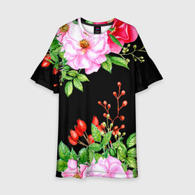 Детское платье 3D с принтом Цветущий шиповник на черном в Курске, 100% полиэстер | прямой силуэт, чуть расширенный к низу. Круглая горловина, на рукавах — воланы | акварель | акварельный | вечерний | женственная | женственный | листья | плоды | цветочки | цветочный | цветы | черный | шиповник | ягоды