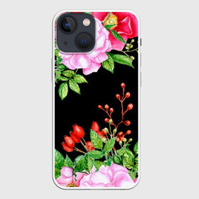 Чехол для iPhone 13 mini с принтом Цветущий шиповник на черном в Курске,  |  | акварель | акварельный | вечерний | женственная | женственный | листья | плоды | цветочки | цветочный | цветы | черный | шиповник | ягоды