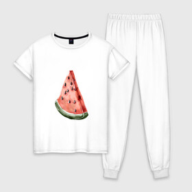 Женская пижама хлопок с принтом Долька арбуза  в Курске, 100% хлопок | брюки и футболка прямого кроя, без карманов, на брюках мягкая резинка на поясе и по низу штанин | black | green | object | read | арт | еда | иллюстрация | принт | ягода