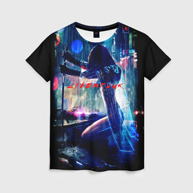 Женская футболка 3D с принтом cyberpunk девушка с катаной в Курске, 100% полиэфир ( синтетическое хлопкоподобное полотно) | прямой крой, круглый вырез горловины, длина до линии бедер | город | девушка | дождь | катана | машины | найтсити | неон