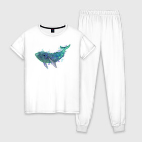 Женская пижама хлопок с принтом Горбатый кит в Курске, 100% хлопок | брюки и футболка прямого кроя, без карманов, на брюках мягкая резинка на поясе и по низу штанин | акварель | бирюзовый | вода | животные | кит | море | синий