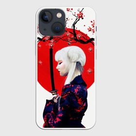 Чехол для iPhone 13 mini с принтом НАД ВЕТВЯМИ САКУРЫ в Курске,  |  | ветви | девушка | катана | кунаичи | сакура | самурай | солнце | флаг | япония