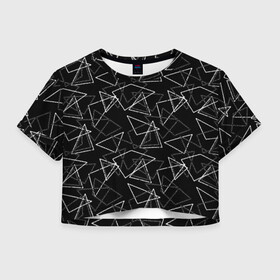 Женская футболка Crop-top 3D с принтом Черно-белый геометрический  в Курске, 100% полиэстер | круглая горловина, длина футболки до линии талии, рукава с отворотами | абстрактный | геометрические фигуры | монохромный | мужской | треугольники | черный и белый | черный фон