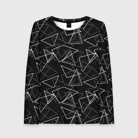 Женский лонгслив 3D с принтом Черно-белый геометрический  в Курске, 100% полиэстер | длинные рукава, круглый вырез горловины, полуприлегающий силуэт | абстрактный | геометрические фигуры | монохромный | мужской | треугольники | черный и белый | черный фон