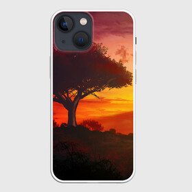 Чехол для iPhone 13 mini с принтом СОЛНЦЕ НАД АФРИКОЙ в Курске,  |  | африка | дерево | живопись | облака | пейзаж | рассвет | рисунок | саванна