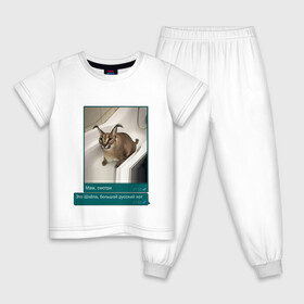 Детская пижама хлопок с принтом Шлёпа в Курске, 100% хлопок |  брюки и футболка прямого кроя, без карманов, на брюках мягкая резинка на поясе и по низу штанин
 | каракал | кот | мемы | русский кот | рысь | шлёпа