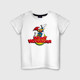 Детская футболка хлопок с принтом Дятел Вуди лого в Курске, 100% хлопок | круглый вырез горловины, полуприлегающий силуэт, длина до линии бедер | animals | cartoon | character | head | laughter | logo | woody woodpecker | дятел вуди | животные | лого | мультики | персонаж | смех