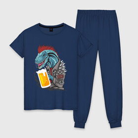 Женская пижама хлопок с принтом Пиво - Панко - Завр в Курске, 100% хлопок | брюки и футболка прямого кроя, без карманов, на брюках мягкая резинка на поясе и по низу штанин | dinosaur | pivo | pivozavr | динозавр | прикол
