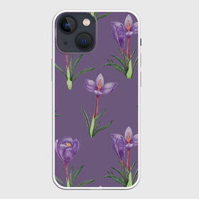 Чехол для iPhone 13 mini с принтом Цветы шафрана на фиолетовом в Курске,  |  | 8 марта | flowers | march 8 | spring | ботаническая иллюстрация | весна | день рождения | зеленый | лето | любовь | праздник | принт | природа | растения | фиолетовый | цветы | шафран