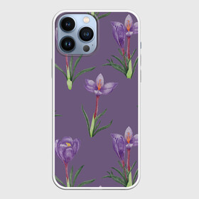 Чехол для iPhone 13 Pro Max с принтом Цветы шафрана на фиолетовом в Курске,  |  | 8 марта | flowers | march 8 | spring | ботаническая иллюстрация | весна | день рождения | зеленый | лето | любовь | праздник | принт | природа | растения | фиолетовый | цветы | шафран