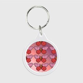 Брелок круглый с принтом Розовый принт с бабочками  в Курске, пластик и полированная сталь | круглая форма, металлическое крепление в виде кольца | бабочки | градиент | грустый | меланхолия | мотылек | насекомые | розовый | цветочки