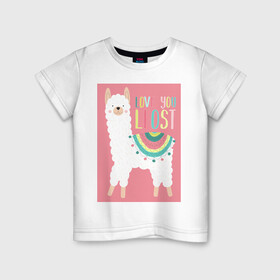 Детская футболка хлопок с принтом Милашка лама в Курске, 100% хлопок | круглый вырез горловины, полуприлегающий силуэт, длина до линии бедер | kawaii | pink | домашние животные | звери | лама | мило | надпись | пончо | радуга | розовый | румяна | ферма | фермерские животные