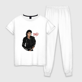 Женская пижама хлопок с принтом BAD. Майкл Джексон в Курске, 100% хлопок | брюки и футболка прямого кроя, без карманов, на брюках мягкая резинка на поясе и по низу штанин | bad | michael jackson | бэд | король | майкл джексон | поп король